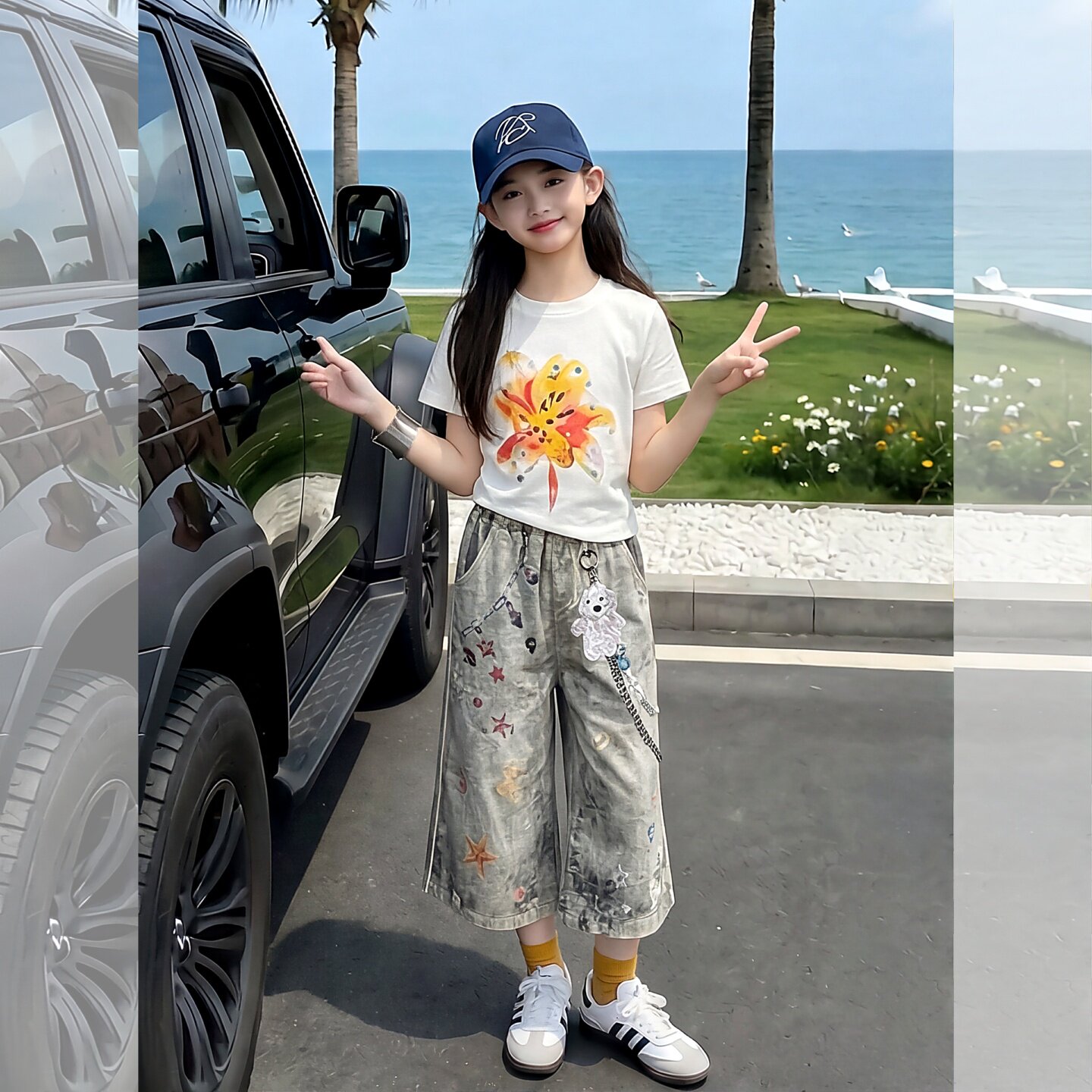 女童夏短袖T恤七分牛仔裤两件套