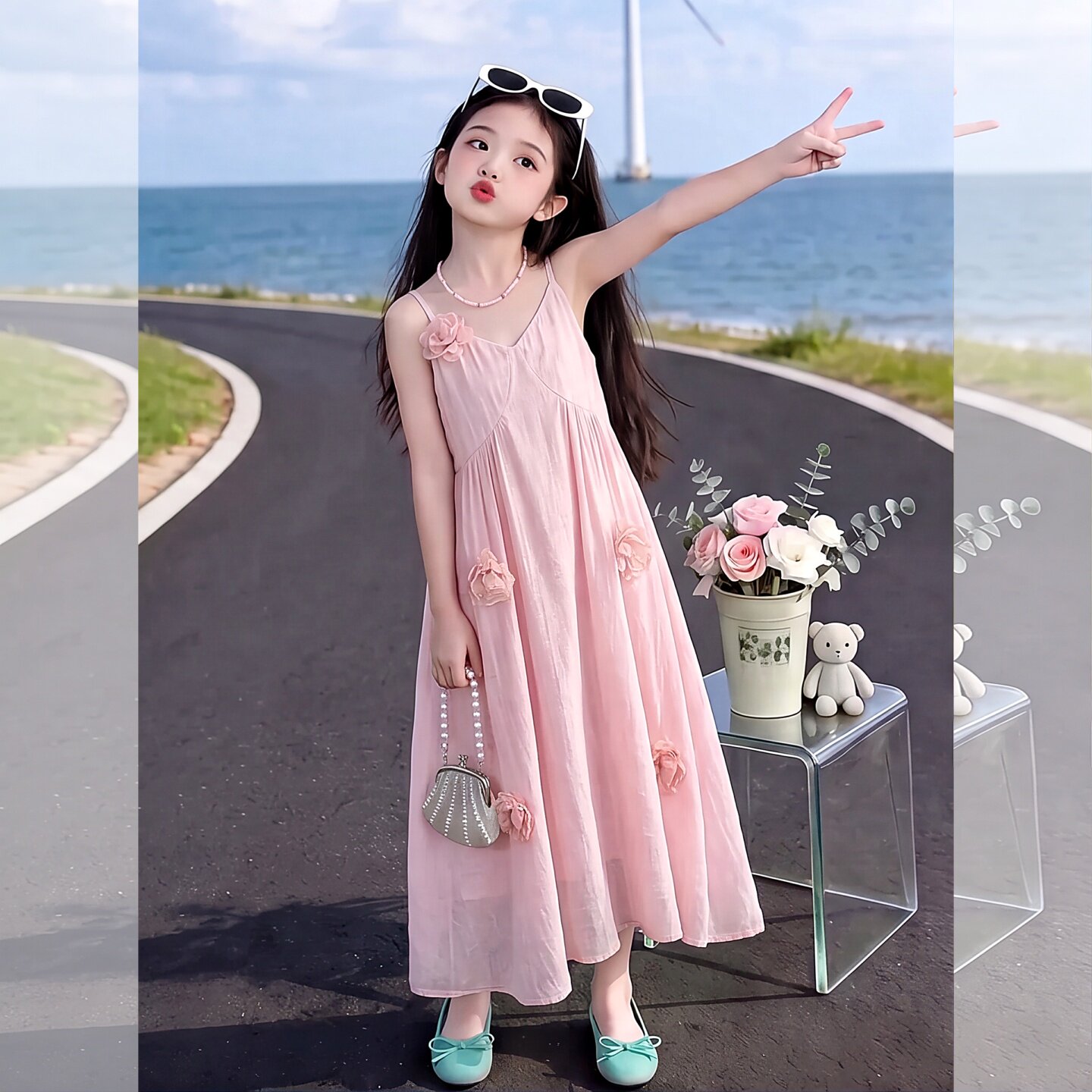 女童甜美花朵吊带连衣裙夏季中长