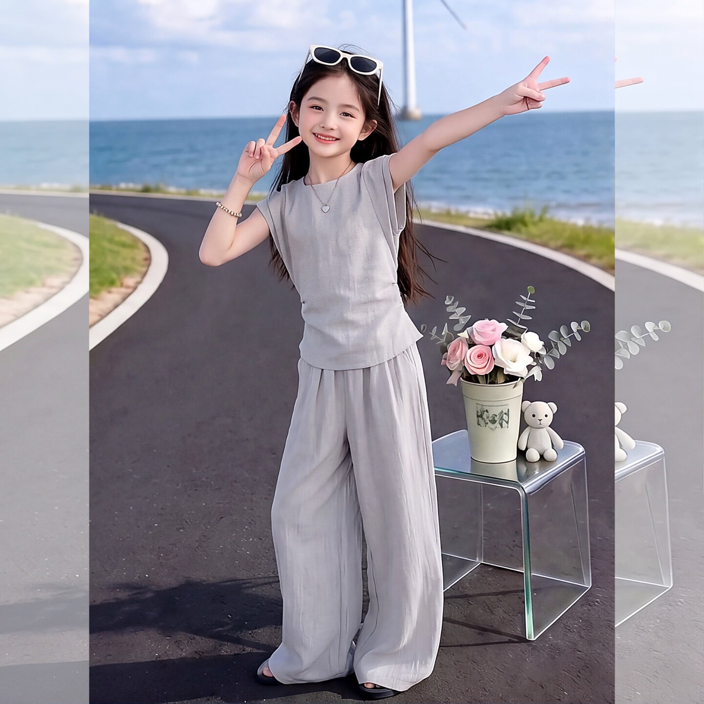 女童夏纯色无袖上衣阔腿裤两件套