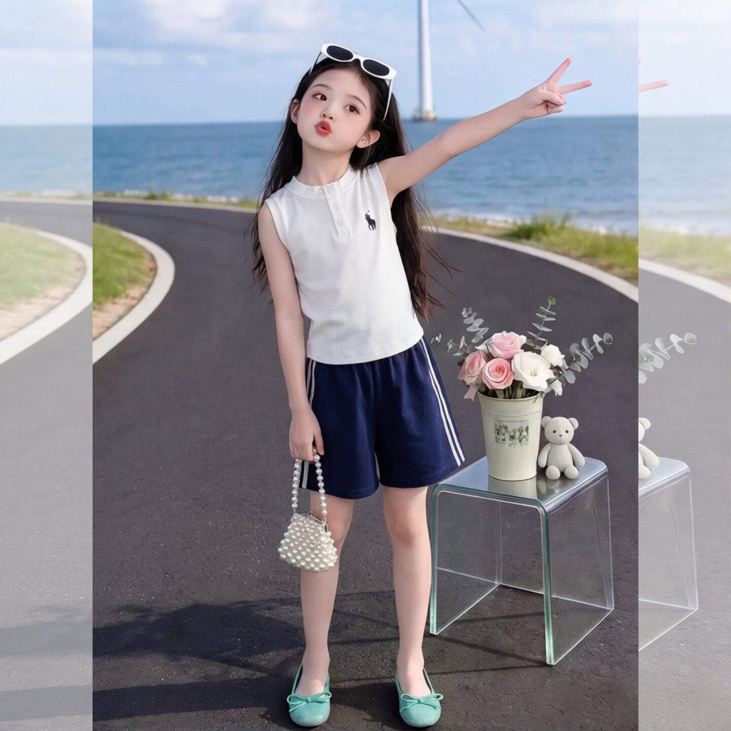 女童夏季无袖polo衫套装薄款韩版翻领学院风背心洋气女孩运动透气