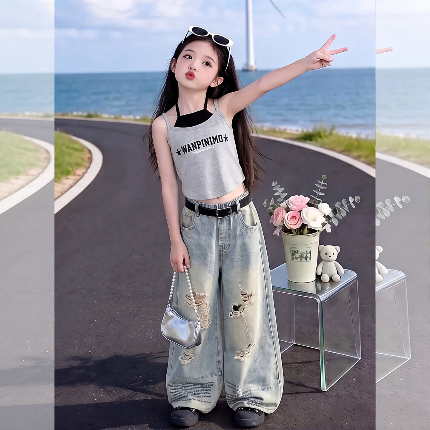女童夏季挂脖吊带破洞牛仔裤套装