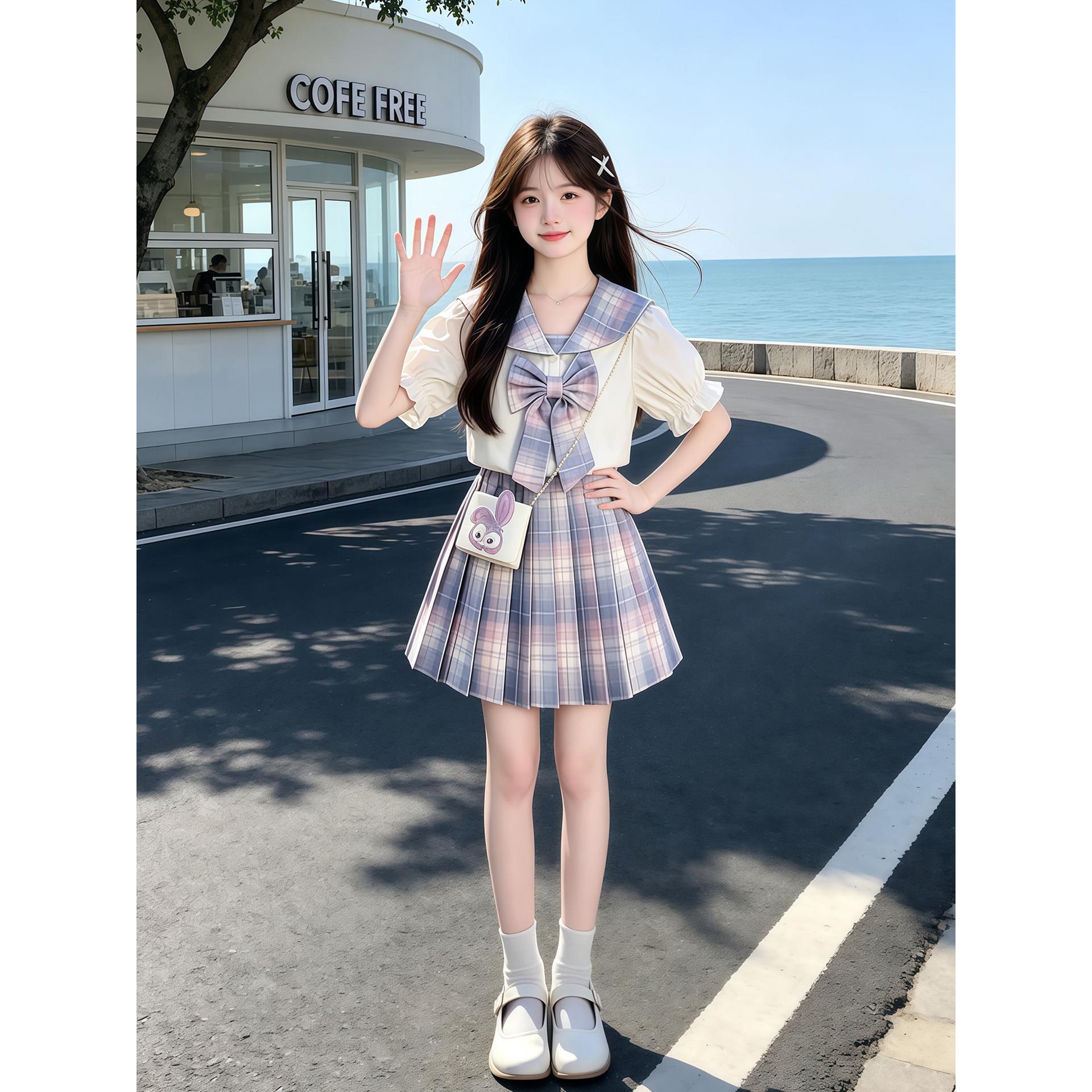 女童jk套装夏款2026新款儿童洋气海军领上衣女孩格子百褶裙两件套
