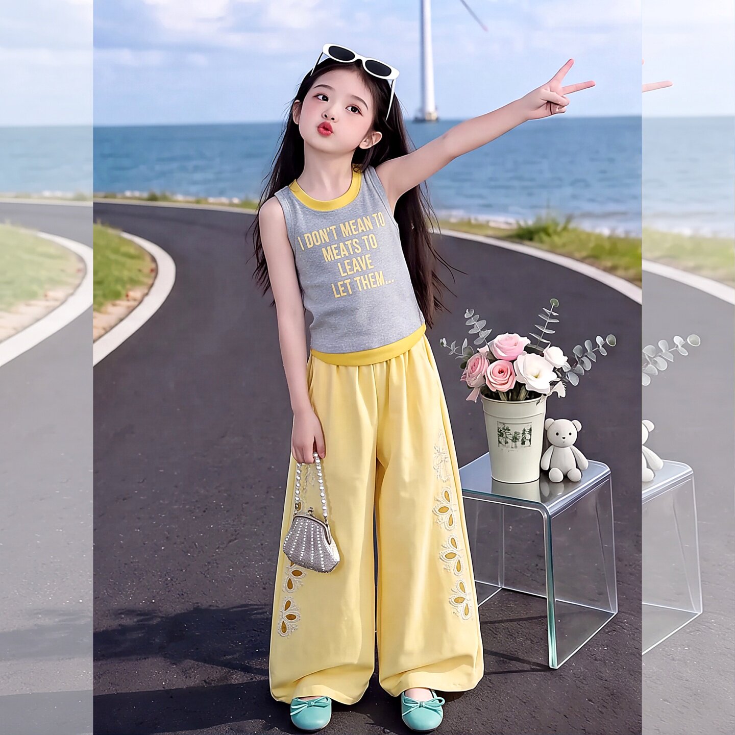 女童夏季字母印花背心阔腿裤两件