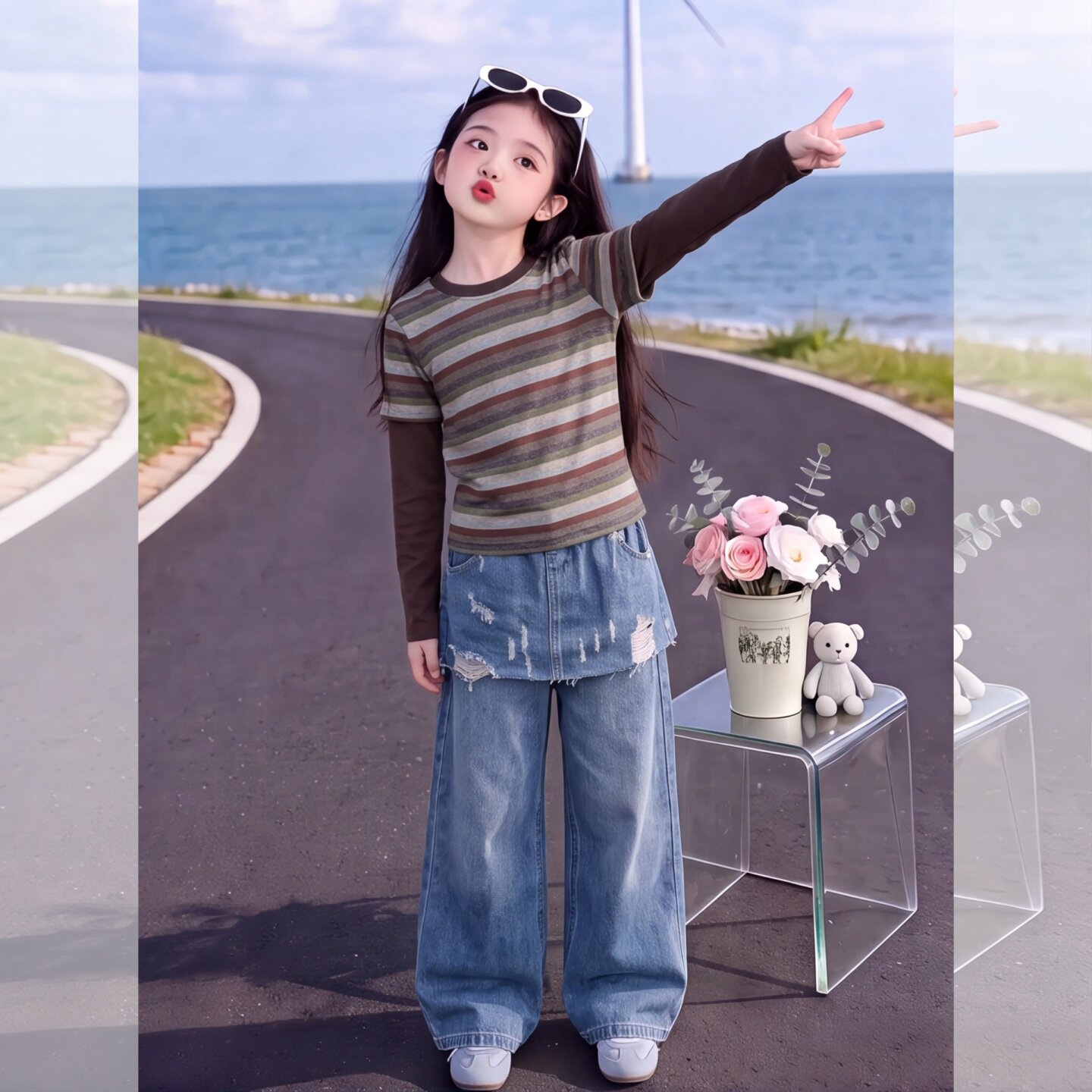 女童秋装套装2026新款女孩假两件