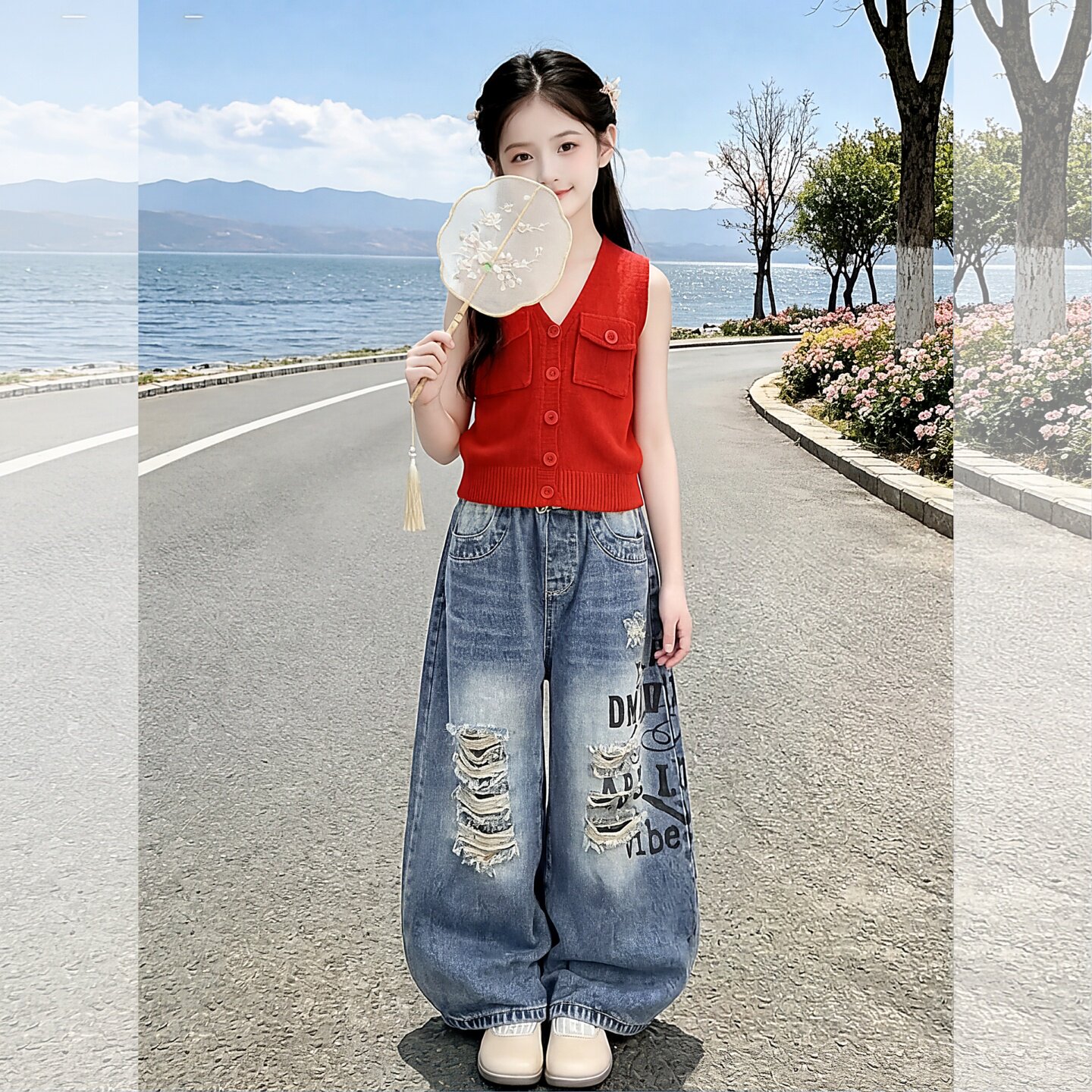 女童美式印花破洞牛仔裤套装夏季