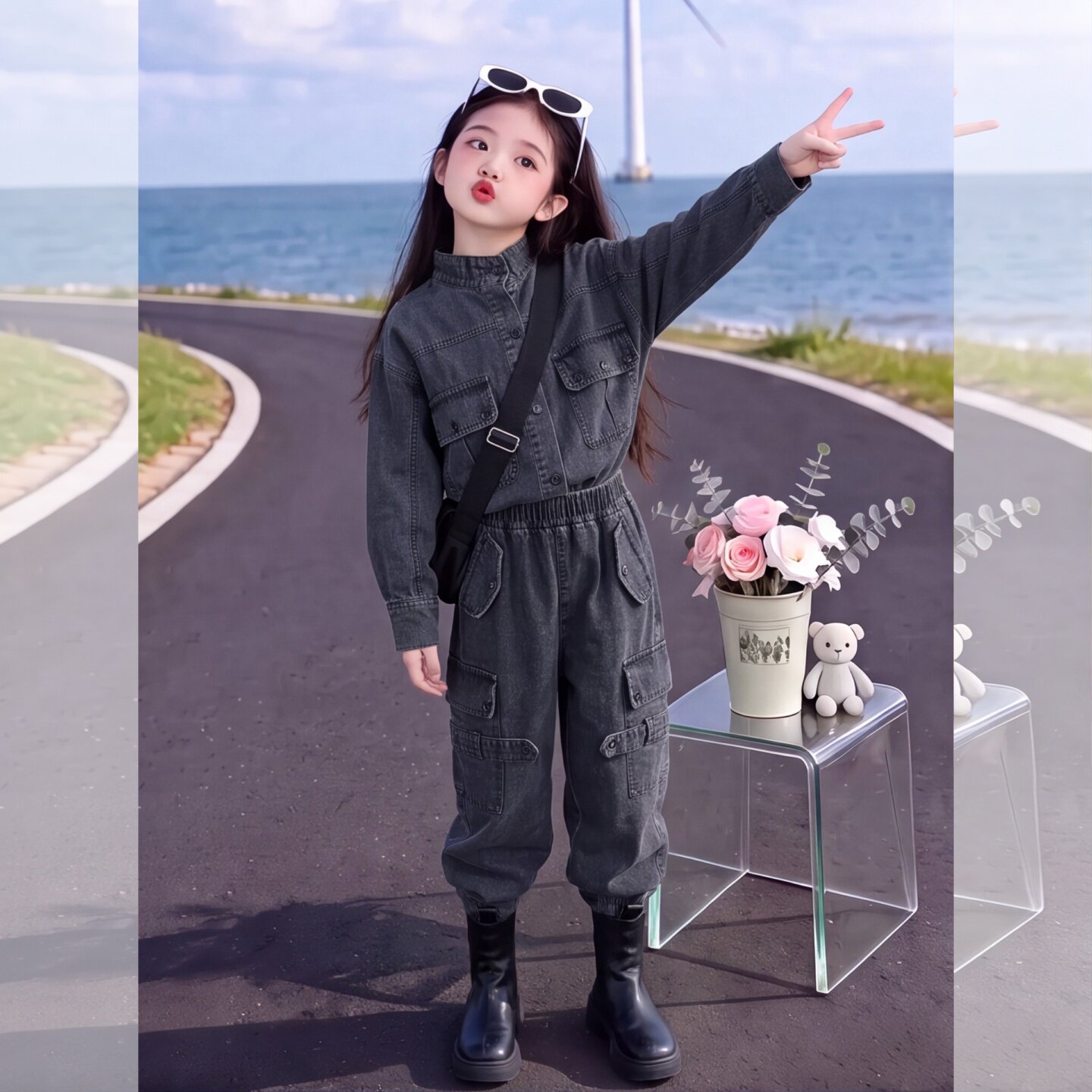 女童2025春秋新款酷拽炸街牛仔套