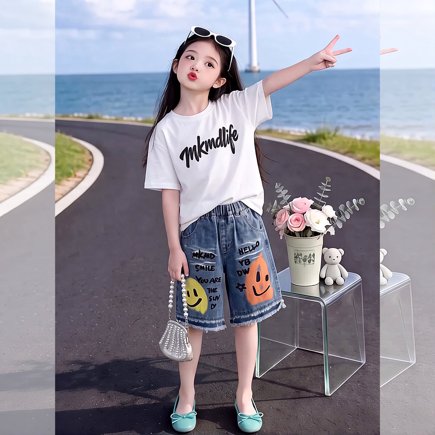 潮酷笑脸涂鸦牛仔短裤套装女童夏