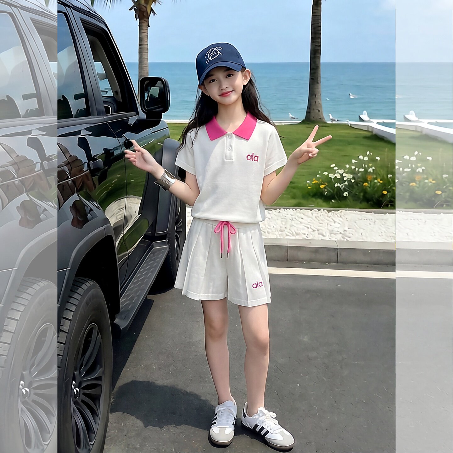 女童夏季超火polo领短袖短裤套装