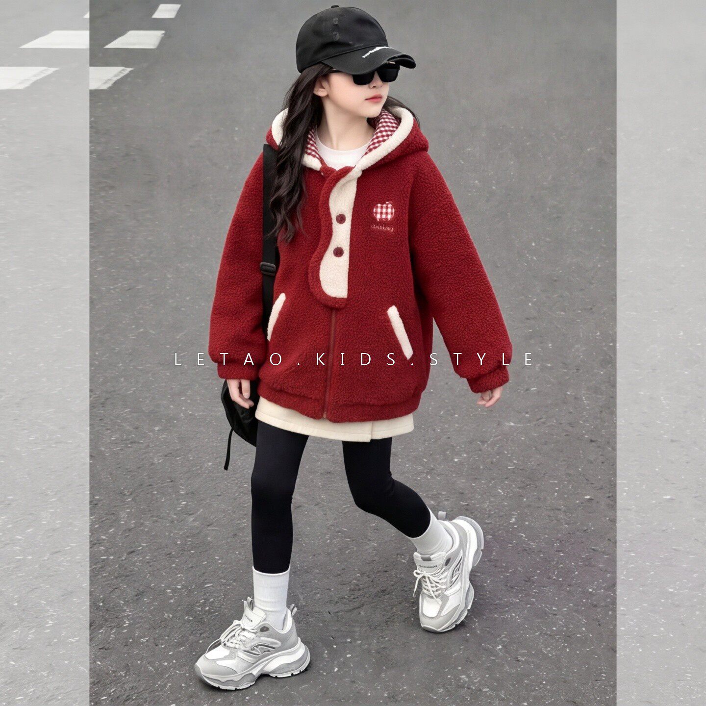 女大童冬季加绒加厚红色呢子大衣