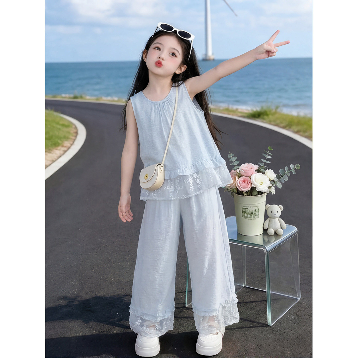 女童夏装薄款时尚无袖衫长裤套装