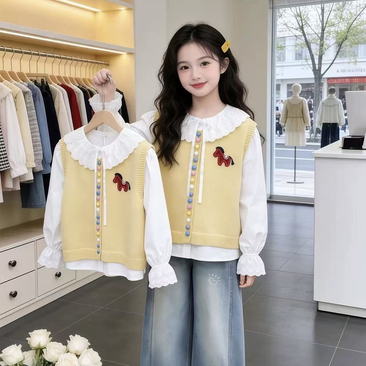 女童针织马甲套装春秋季2026新款儿童韩版花边衬衫女孩春装三件套