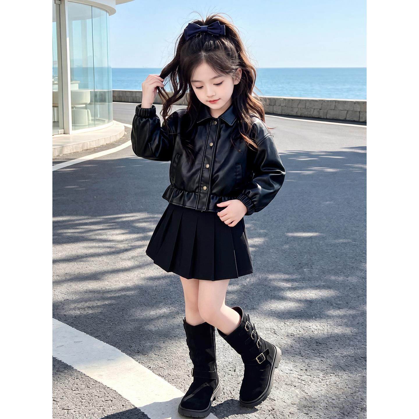 女童皮衣外套春秋洋气新款儿童复古花苞短款机车服小女孩酷帅上衣