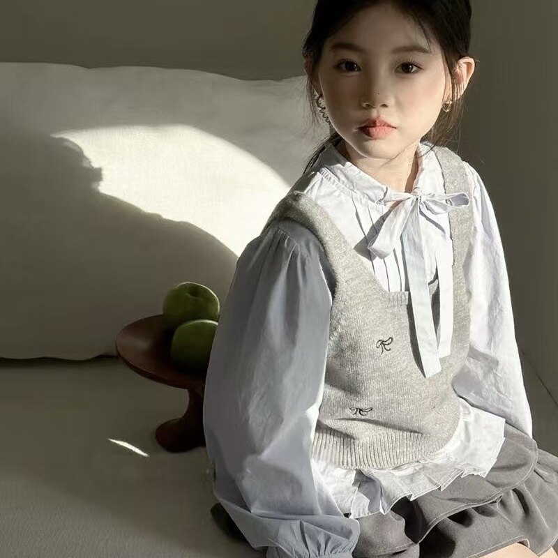 韩系童装2026春秋装儿童长袖衬衫蝴蝶结针织马甲女童洋气女孩套装