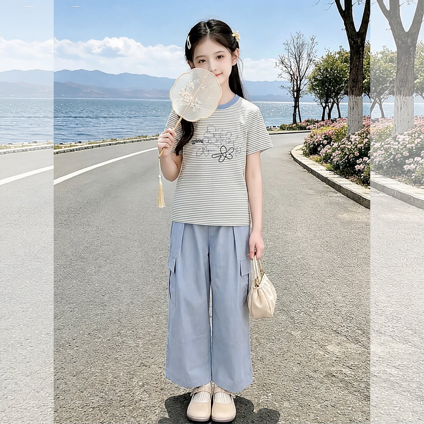 女童条纹T恤阔腿裤两件套2026夏4