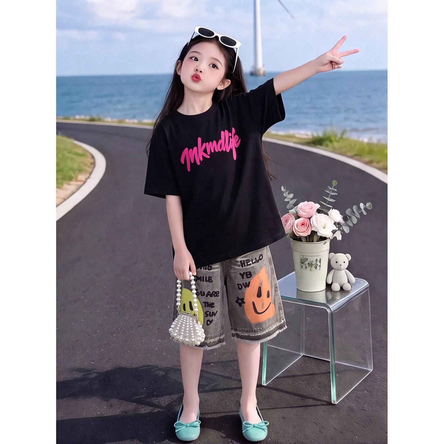女童套装2026夏季新款字母短袖T
