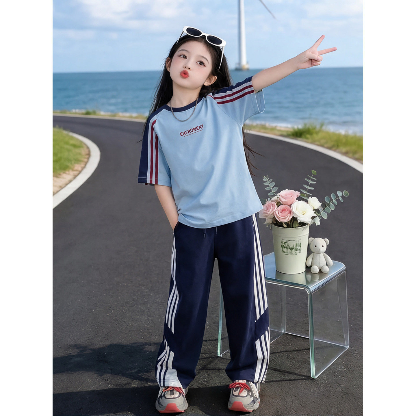 女款夏三条杠短袖条纹长裤两件套
