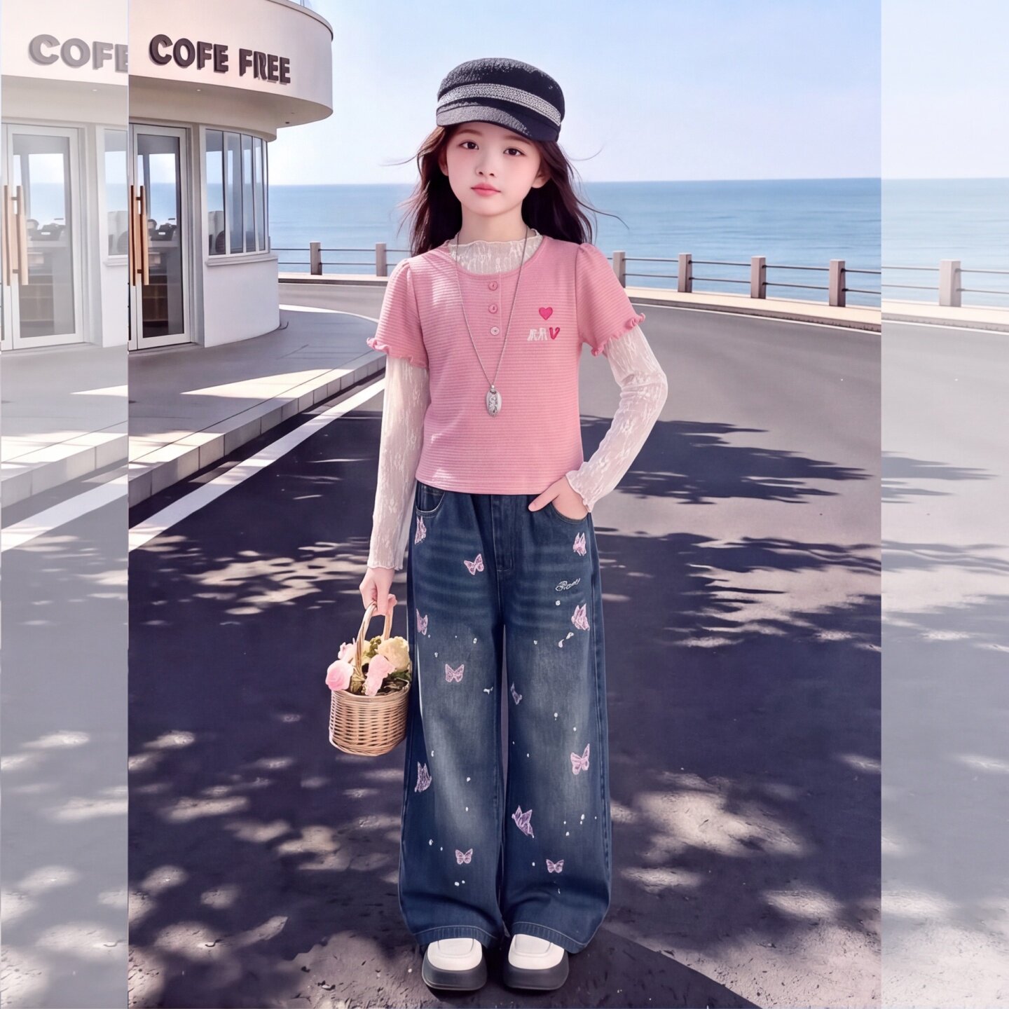 女童裤子秋季2026新款儿童蝴蝶刺绣牛仔裤网红洋气中大童好看长裤