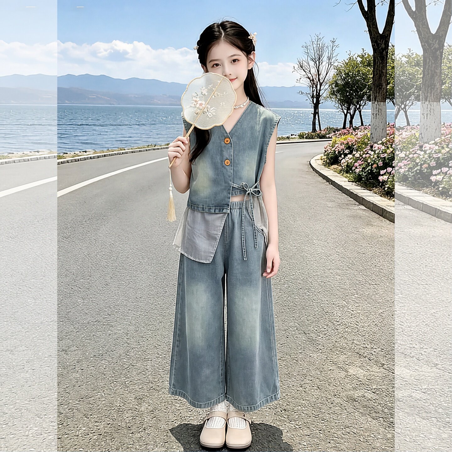 女童夏款韩版牛仔马甲阔腿裤两件套2026新款女孩夏季薄款时尚套装