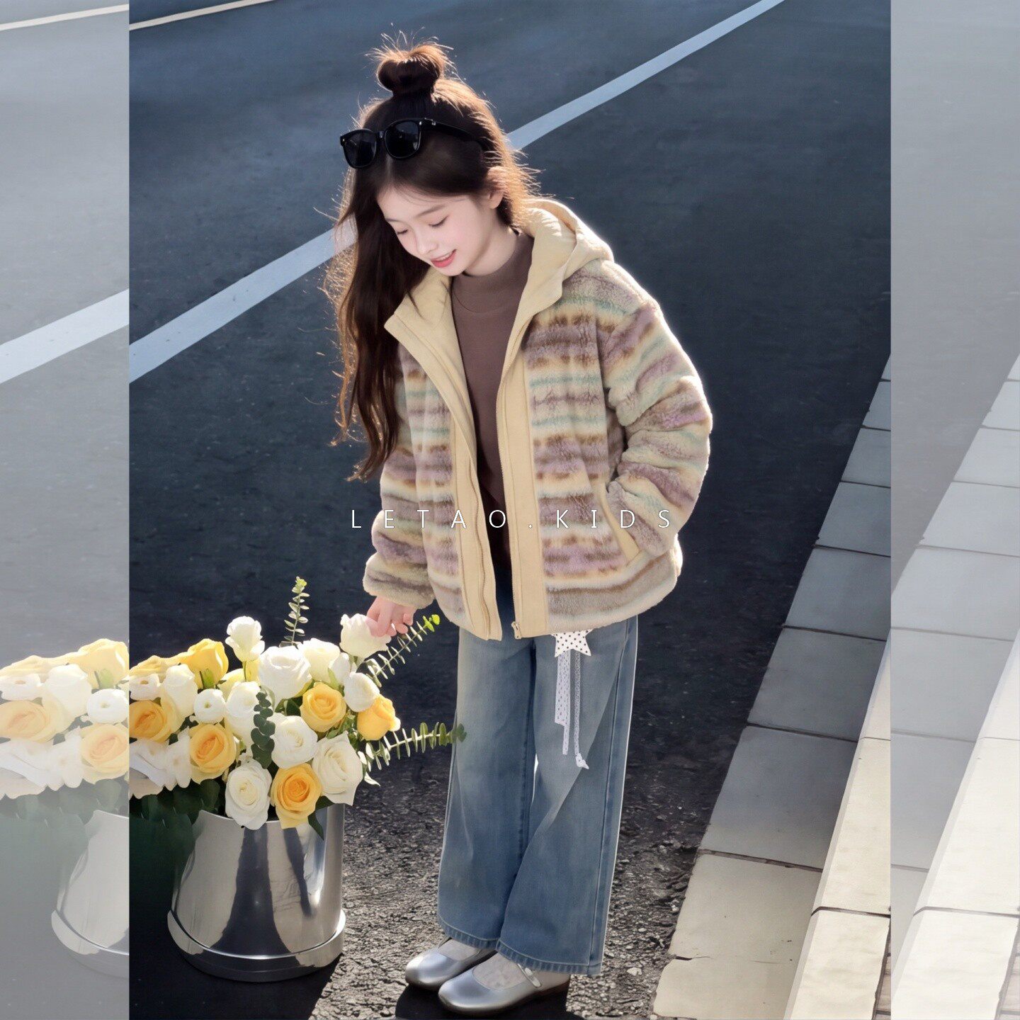 女童冬装加厚棉衣新款儿童加绒毛毛衣外套时髦小女孩保暖连帽棉袄