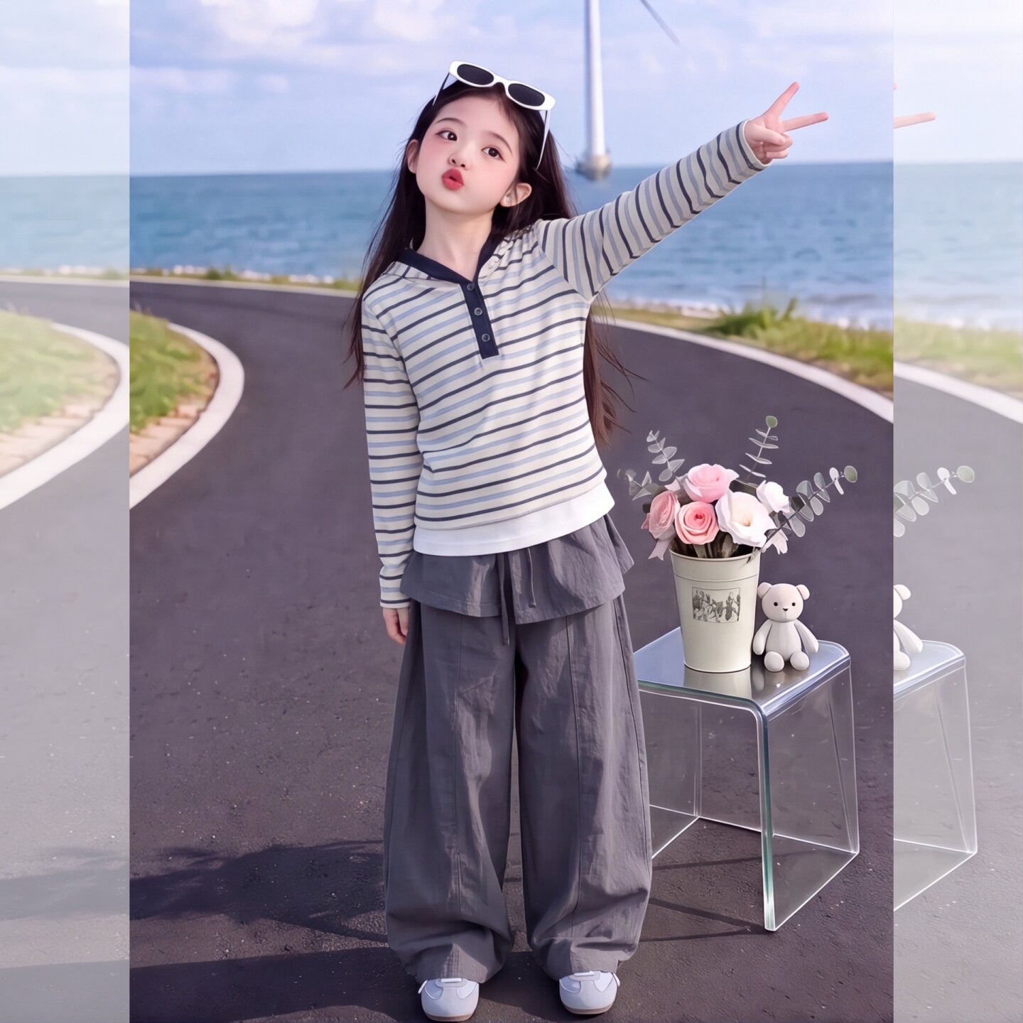 女童连帽条纹套装秋季2026新款中