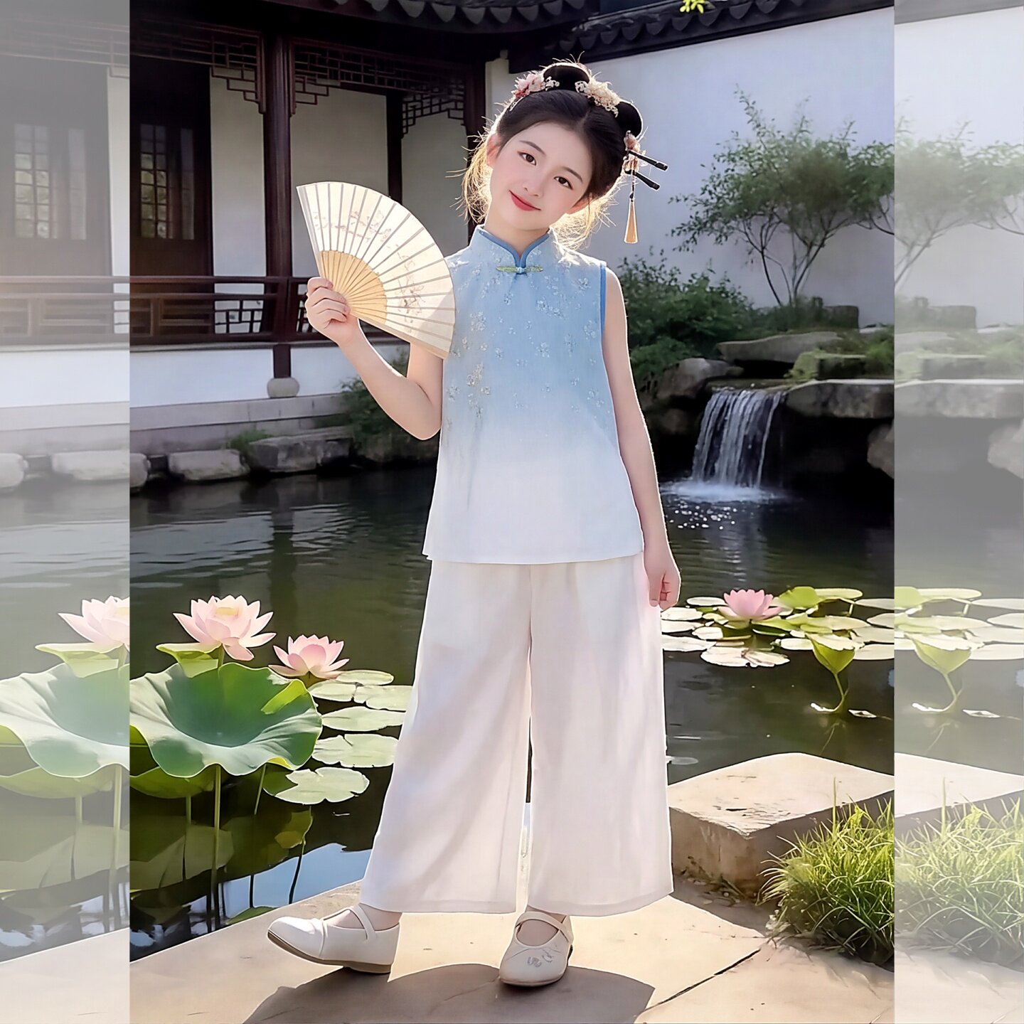 女童渐变色国风无袖上衣国潮套装