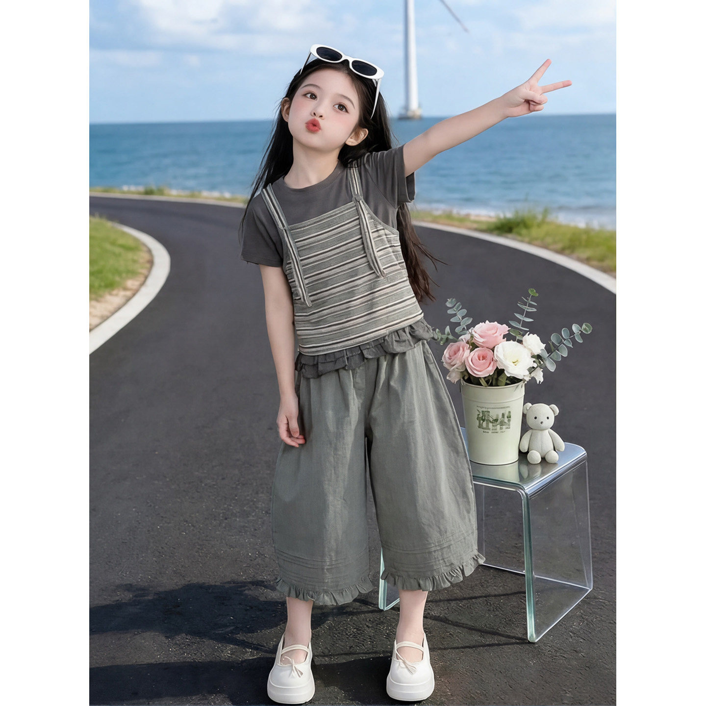 女童夏季条纹吊带短袖阔腿裤套装