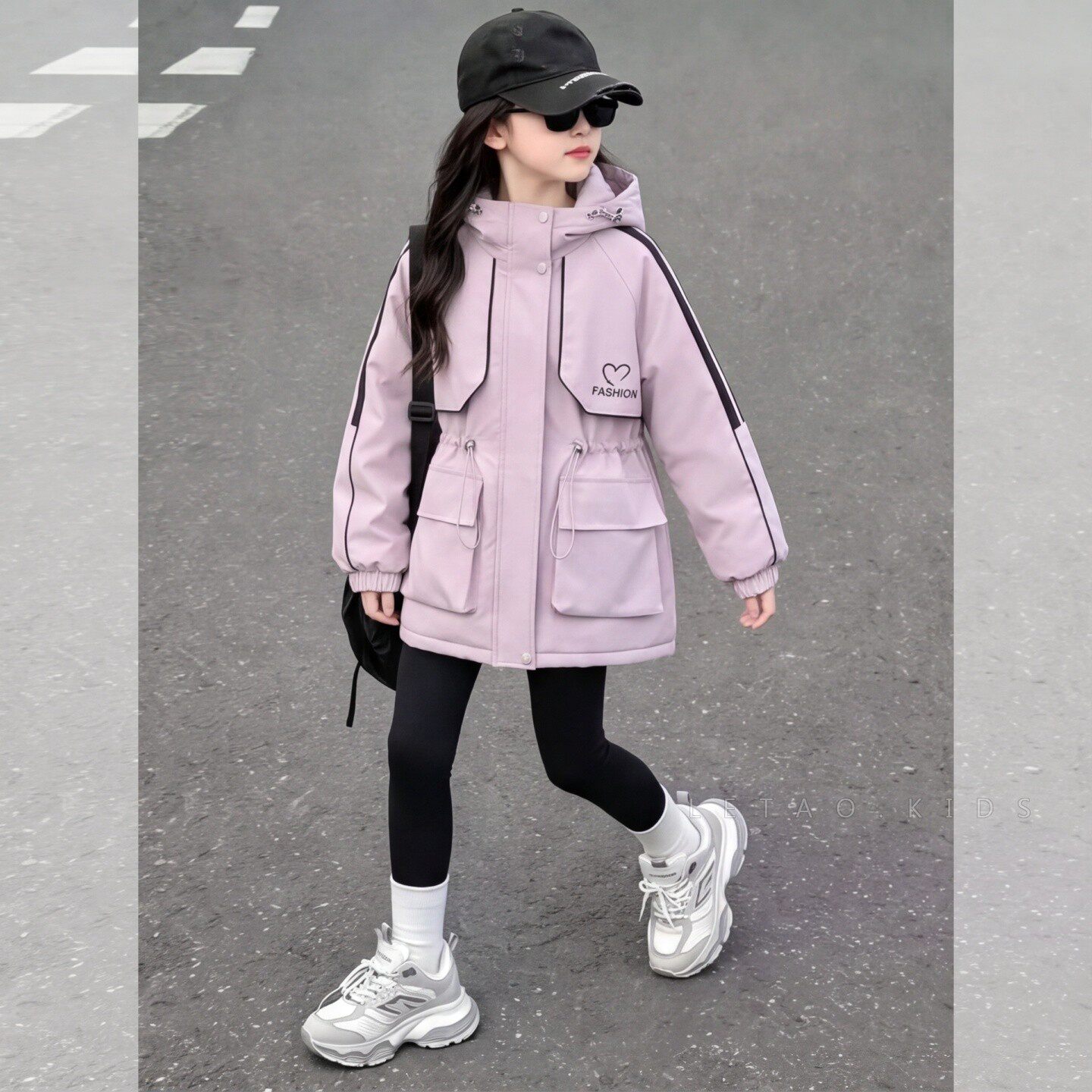 女童工装连帽加绒加厚冲锋衣外套