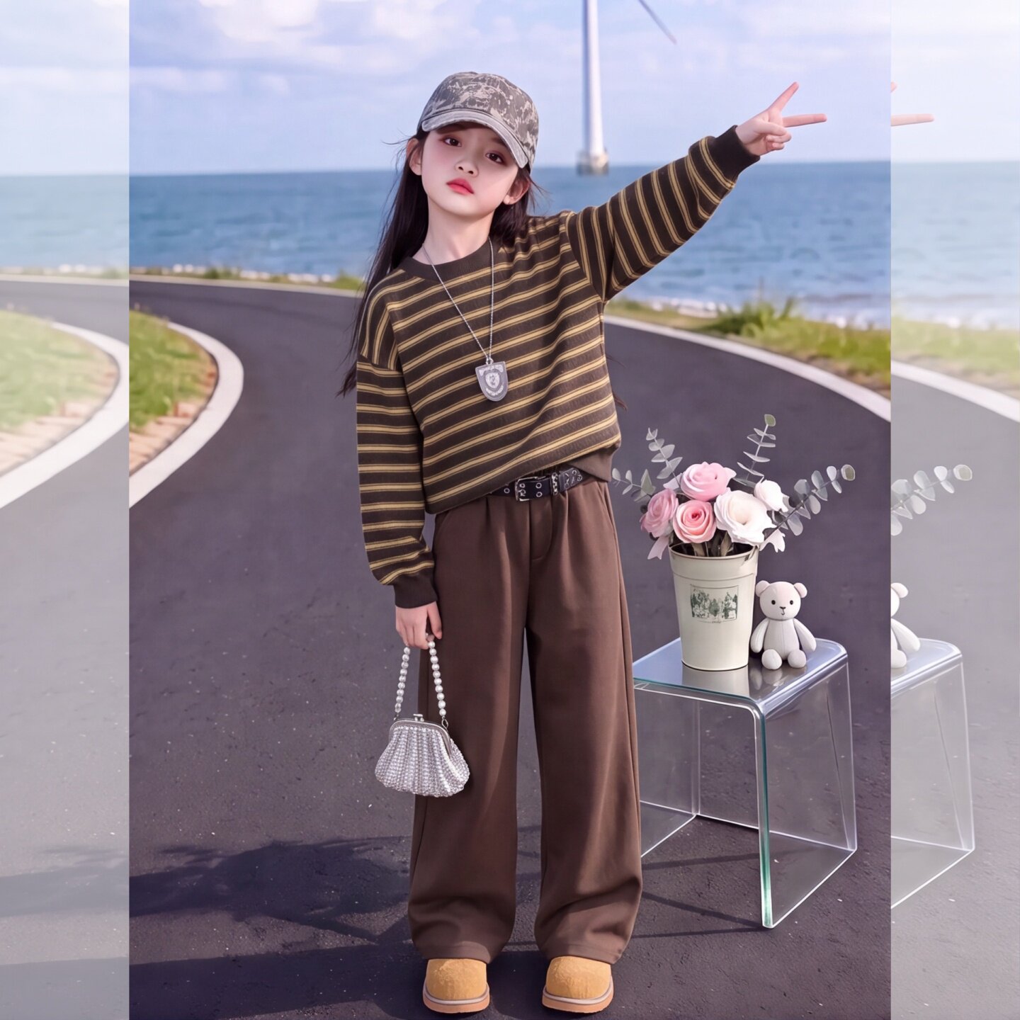 女童条纹卫衣套装秋装2026新款女