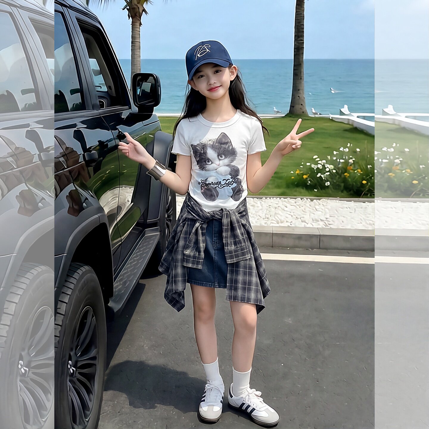 女童夏装卡通猫咪短袖屁帘短裤裙