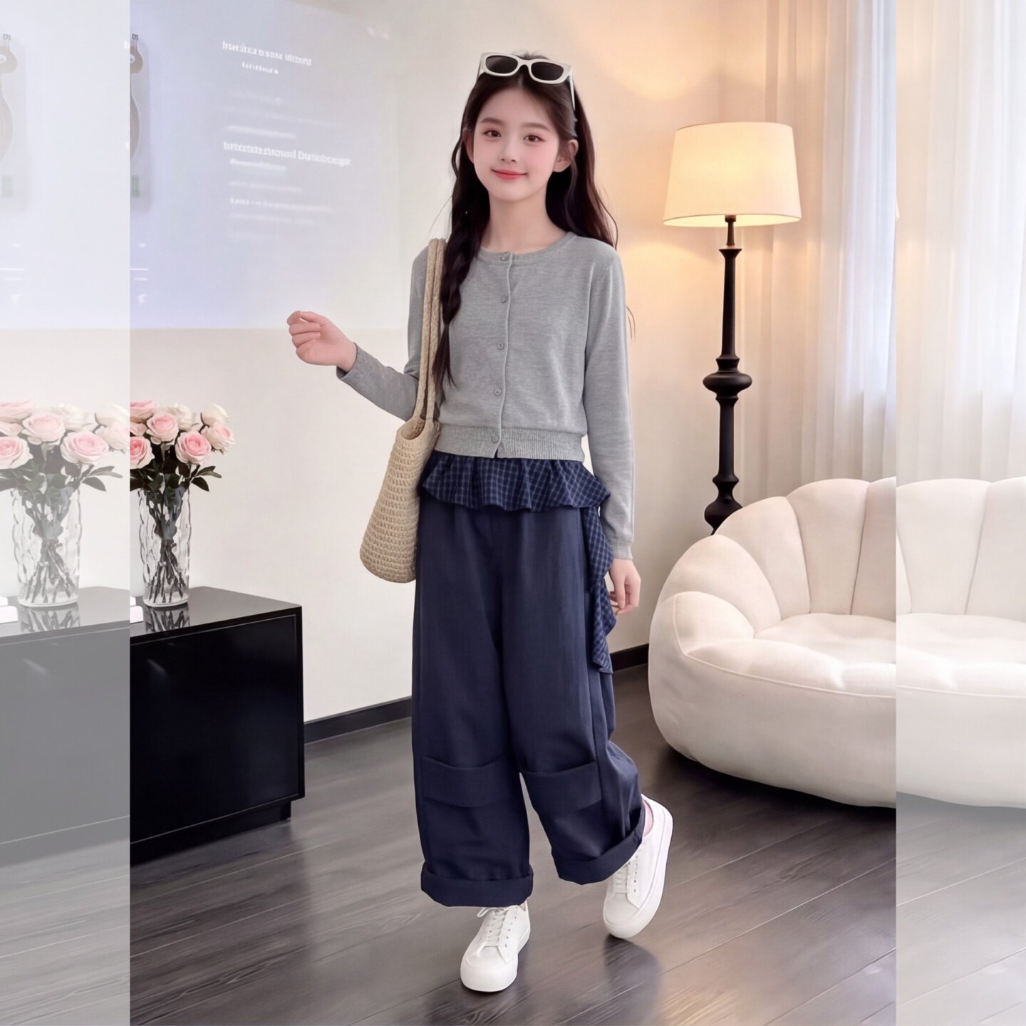 女童韩系荷叶边屁帘弯刀阔腿休闲