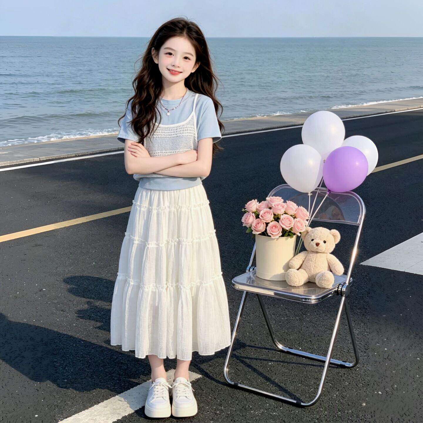 女童白色连衣裙夏装2026新款儿童洋派短袖夏季超火女孩半身裙套装