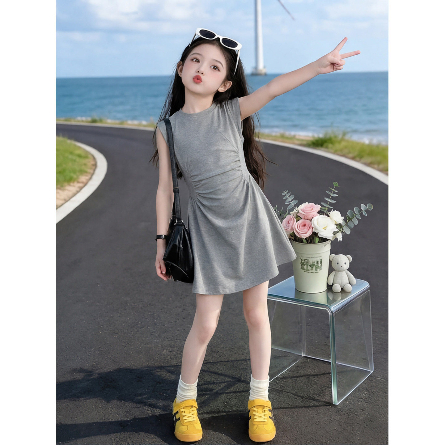 女童夏款新款无袖收腰褶皱连衣裙