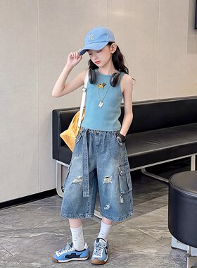 女童夏季阔腿牛仔裤七分裤破洞裤