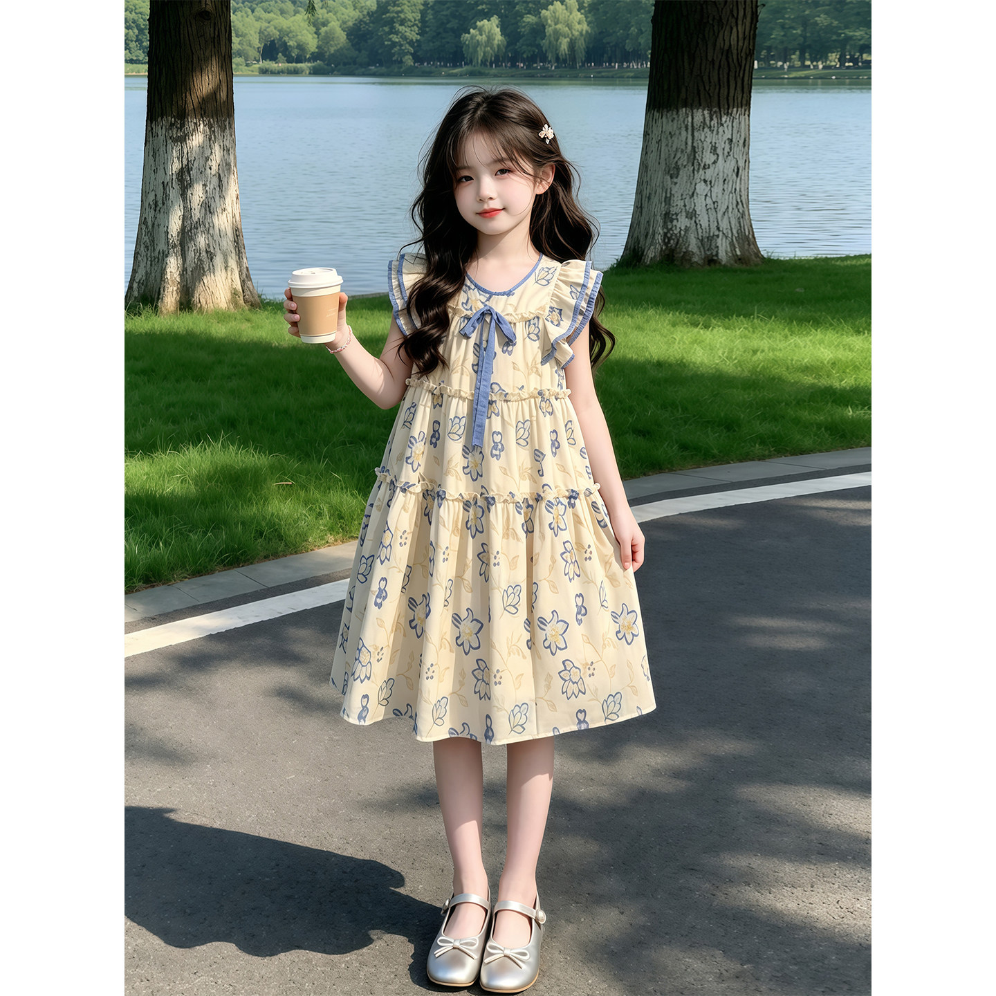 女童夏季连衣裙2026新款儿童洋气飞袖蛋糕裙夏装女孩碎花甜美裙子