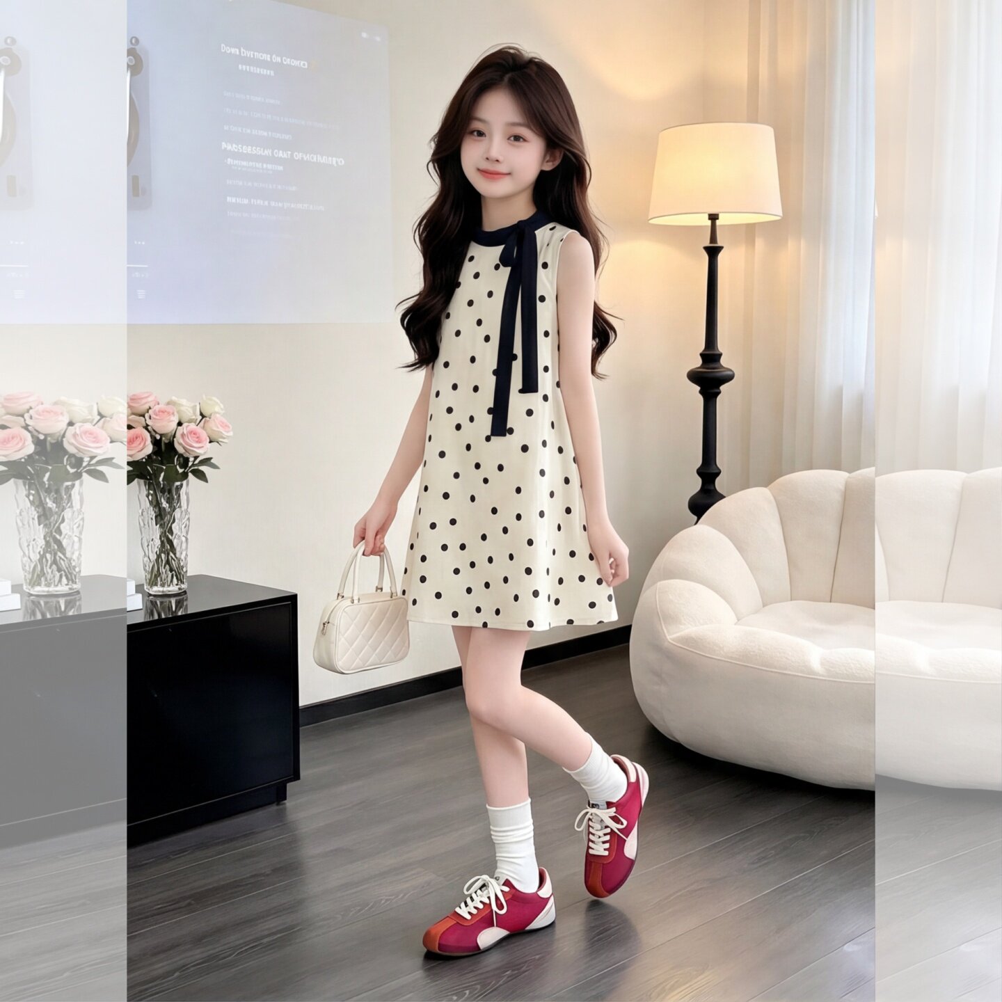 夏季新款无袖波点连衣裙女夏蝴蝶