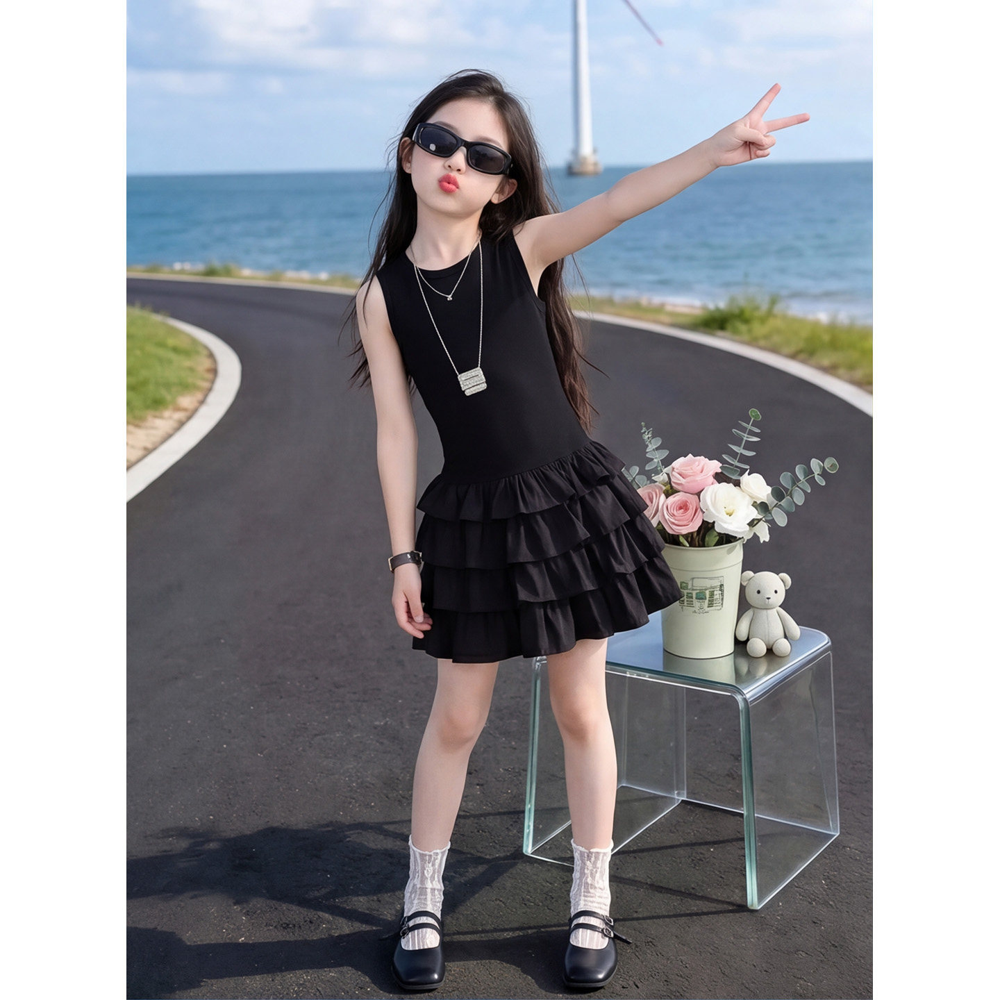 女童裙子高级感夏韩系黑色连衣裙