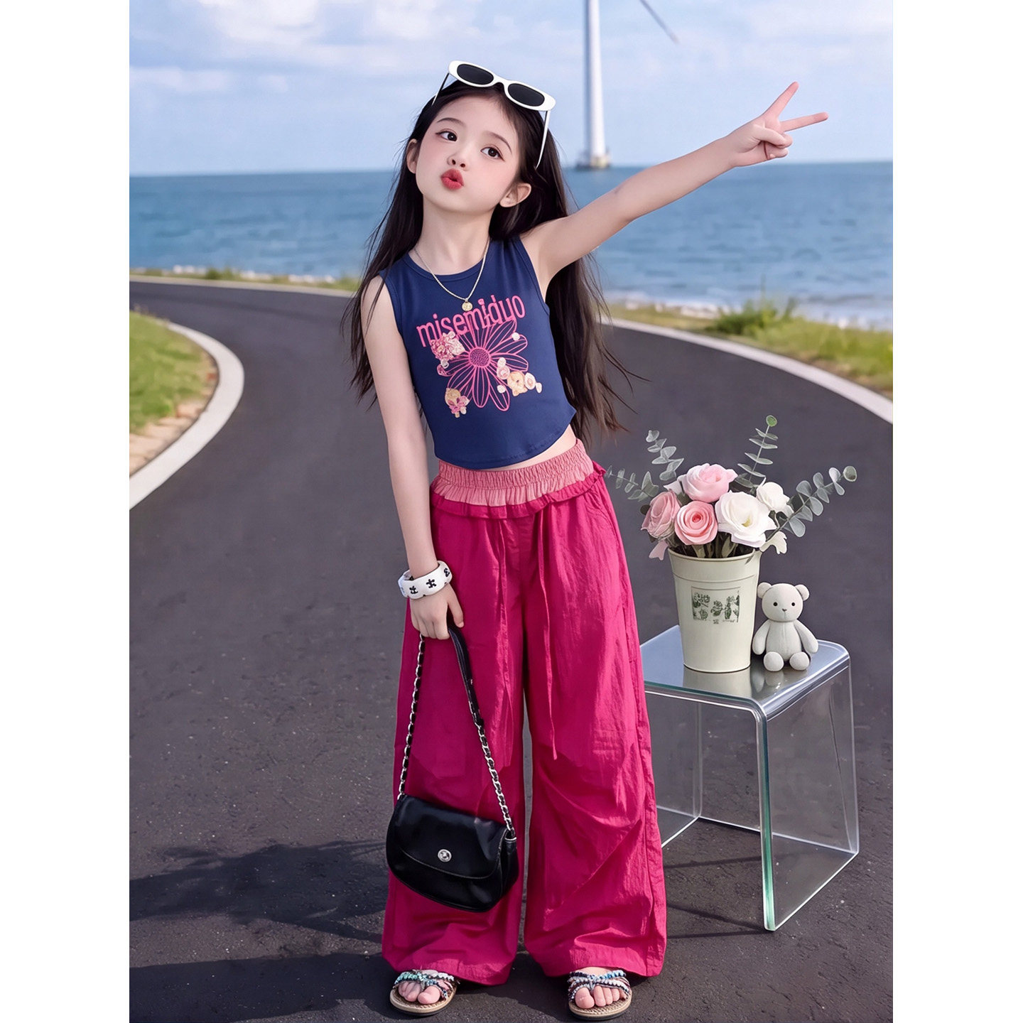 女童街舞2026夏季新款抽绳阔腿裤