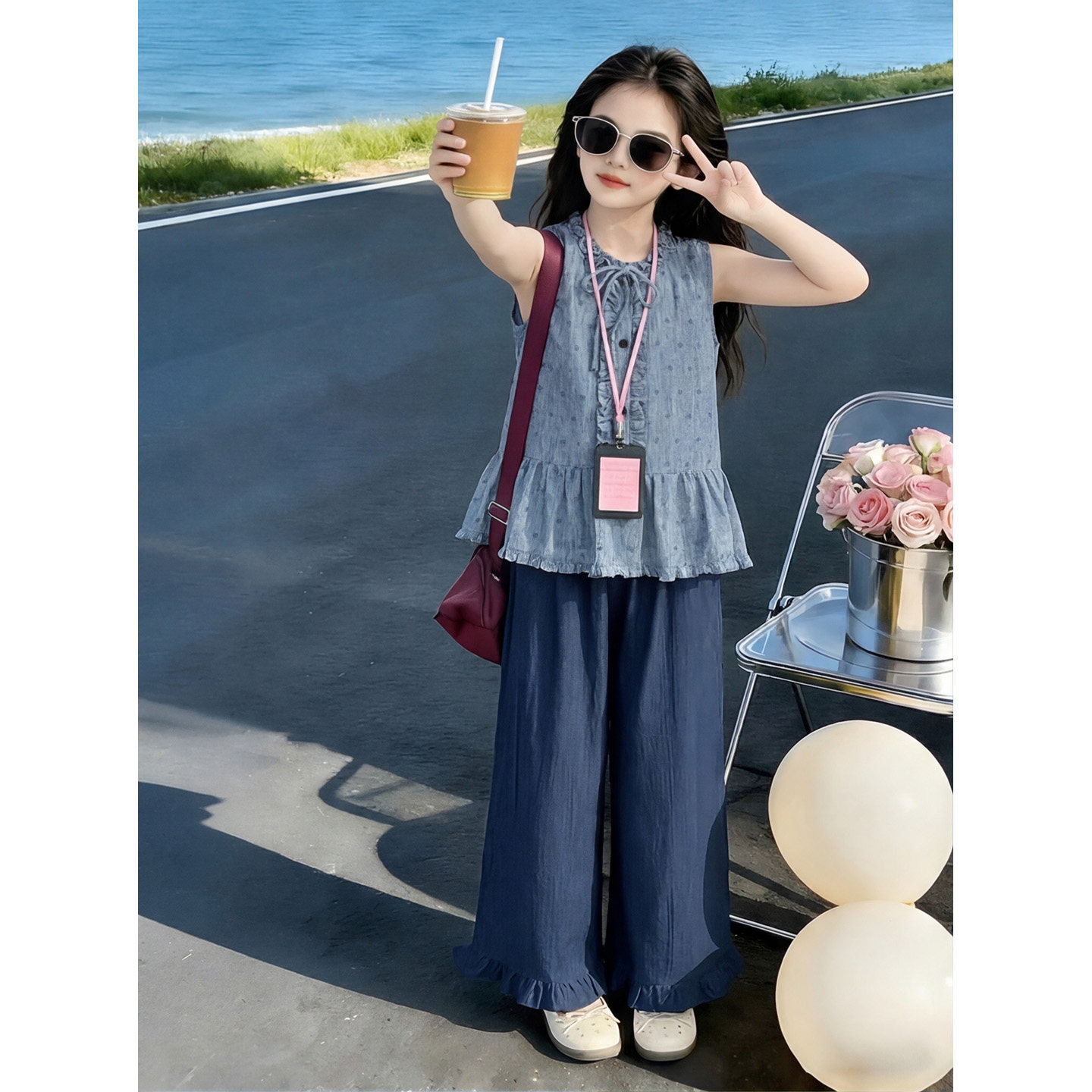 女童无袖背心九分阔腿裤套装夏季