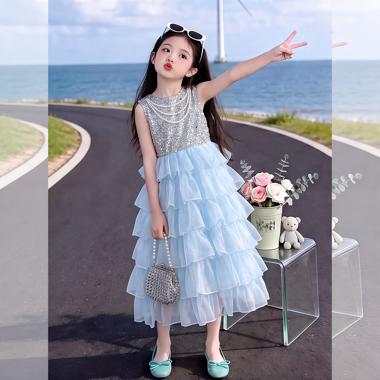 女童甜美亮片网纱蛋糕连衣裙夏装