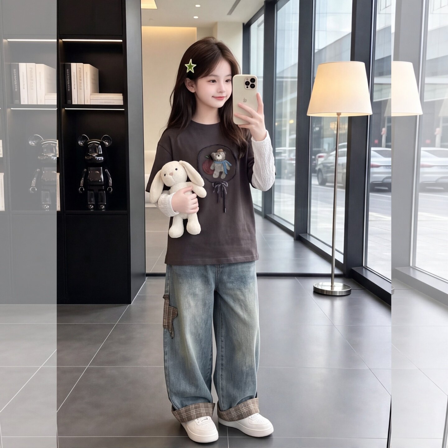女童小熊印花假两件春秋套装