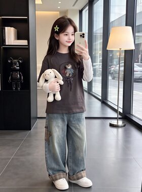 女童小熊印花假两件春秋套装