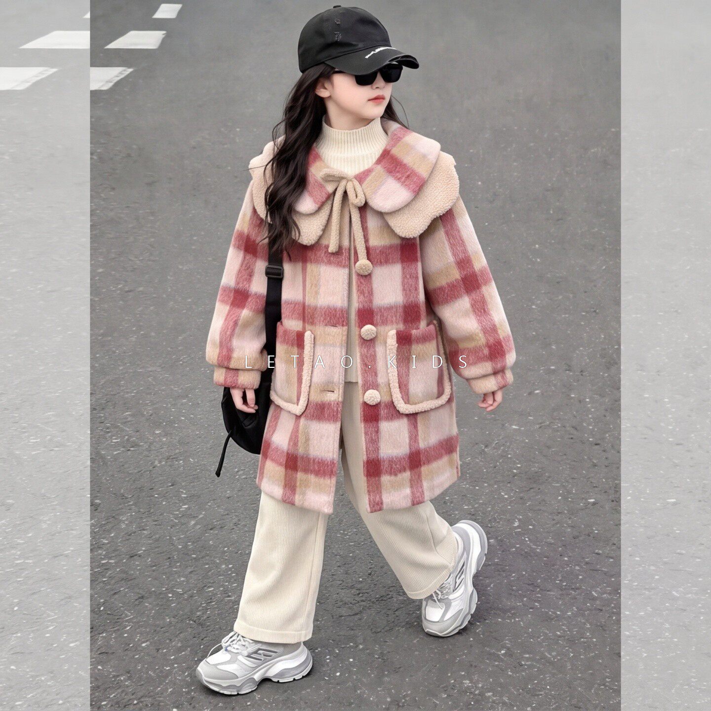 女童秋冬加厚夹棉保暖格子呢大衣