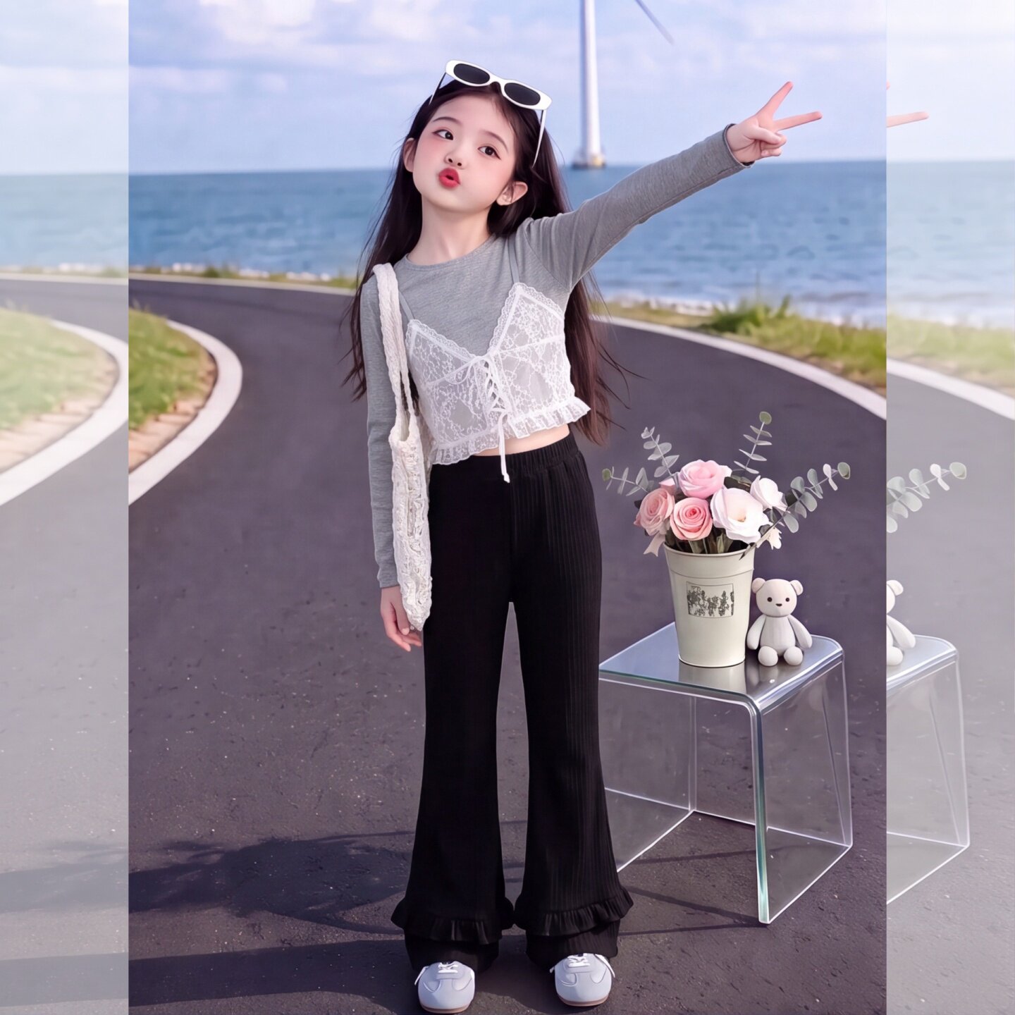 女童花边条纹微喇裤子2026中大童