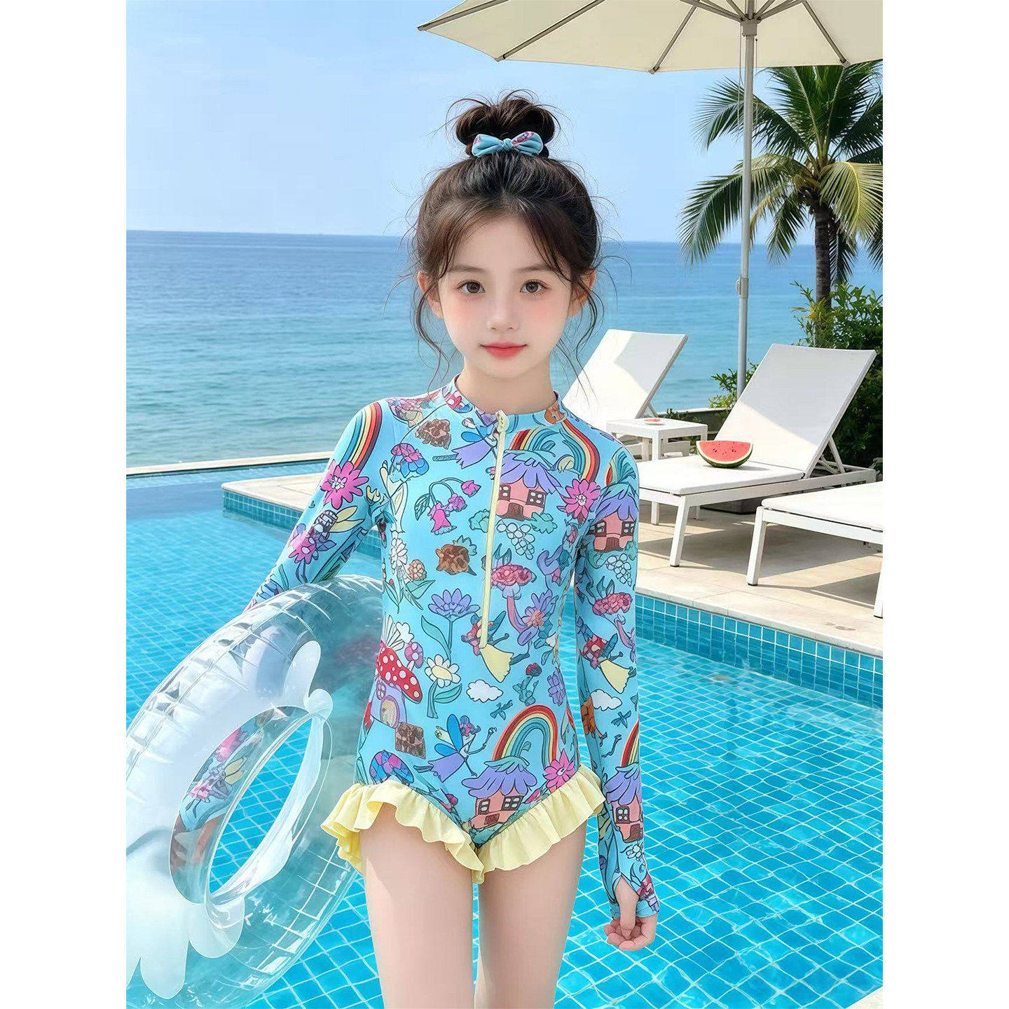 女童拉炼长袖连身泳衣2026新款花边可爱童趣卡通彩虹印花速干泳装