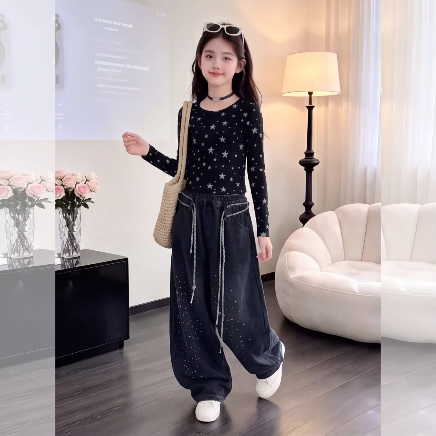 女童演出服亮钻牛仔裤套装2026秋