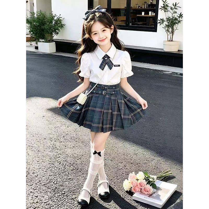 女童JK套装夏季2026新款儿童学院风衬衫上衣女孩格子百褶裙两件套图片