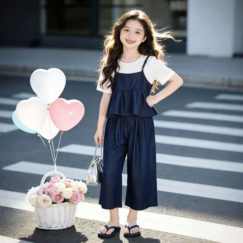 女童套装夏季2026新款儿童洋气吊带上衣女孩夏装冰丝牛仔三件套潮
