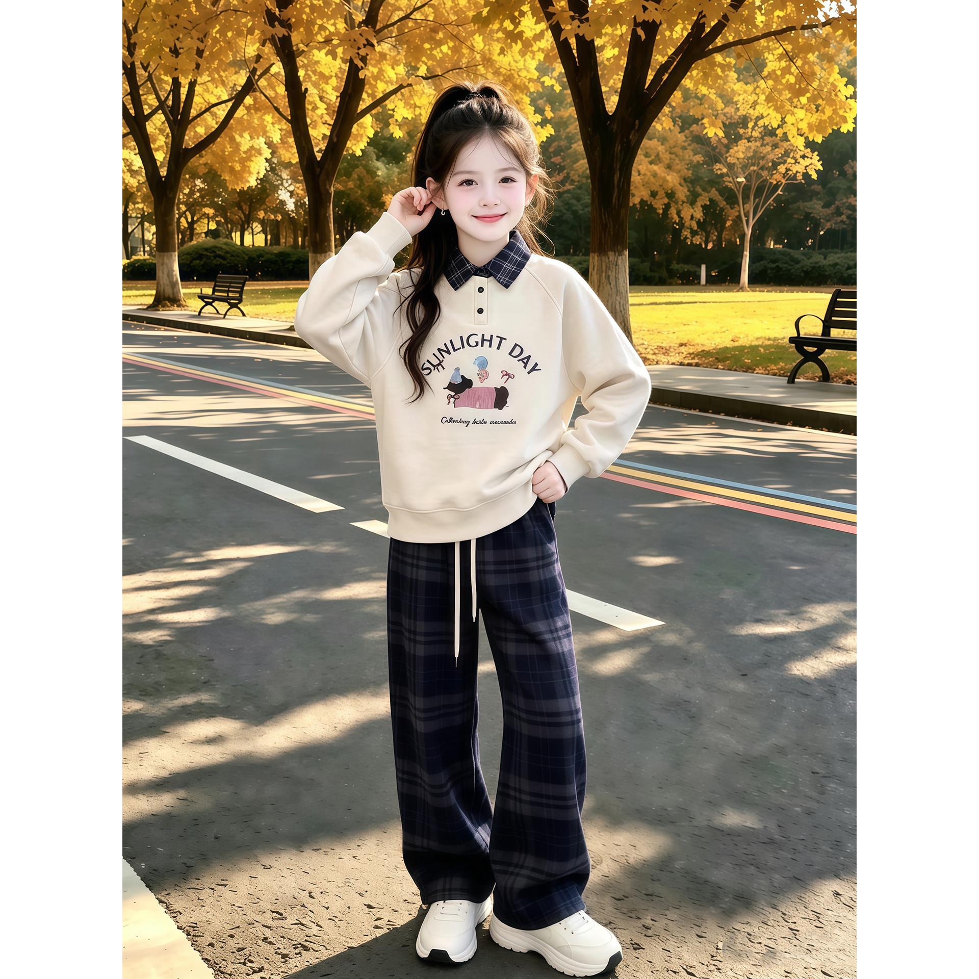 女童春秋款套装2026新款儿童洋气POLO领卫衣秋装格子阔腿裤两件套