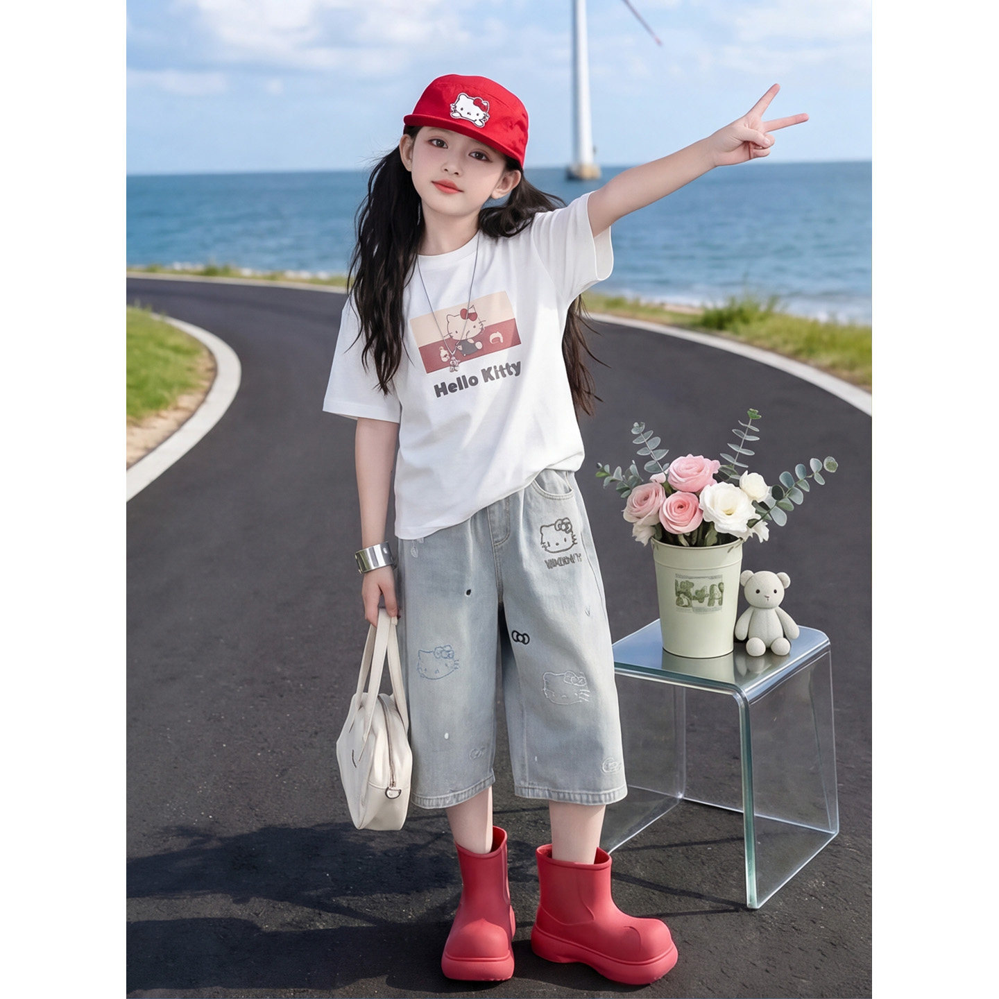 女童KT猫刺绣七分裤2026新品夏季