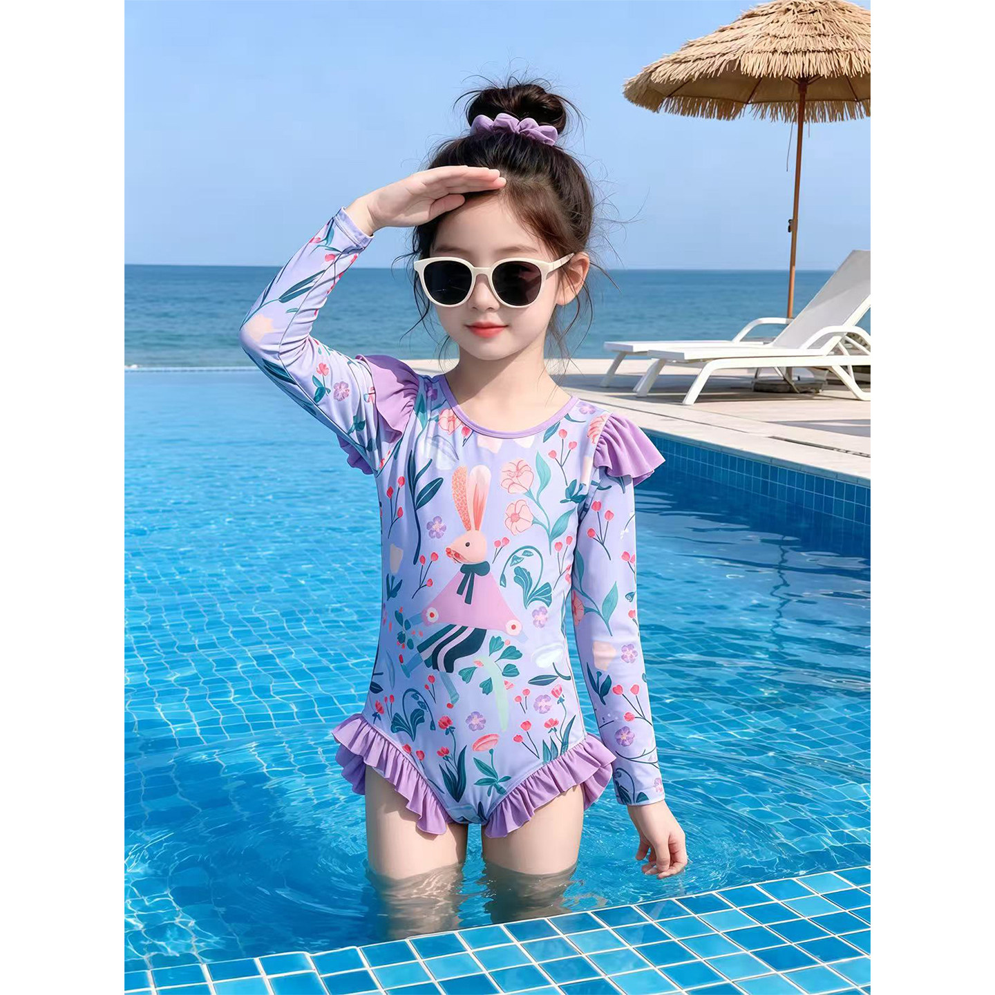 2026新款儿童女孩高级感游泳夏季女童女宝连体绝美小公主长袖泳衣